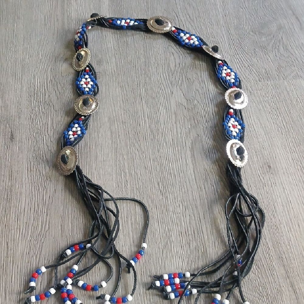 Vintage Beaded boho western square dance belt Silver concho Accents 63" long